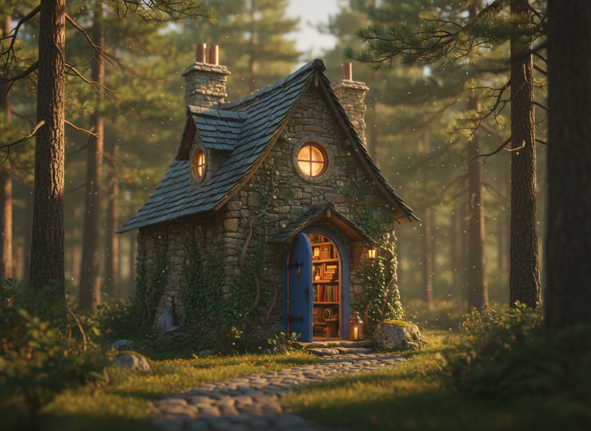 A storybook-perfect stone cottage tucked into a mossy woodland clearing, its weathered slate roof dotted with tiny copper chimneys and a single round porthole window glowing with warm amber light. Twisting ivy climbs the rough stone walls, and a cobalt-blue front door stands slightly ajar, revealing shelves lined with colorful books and curios. Soft golden hour sunlight filters through tall pines, catching drifting motes and casting long, gentle shadows over a winding cobblestone path. Photographic realism from an eye-level perspective, with a shallow depth of field that keeps the cottage in sharp focus while the forest beyond melts into dreamy bokeh, creating a cozy, whimsical, and inviting atmosphere.
