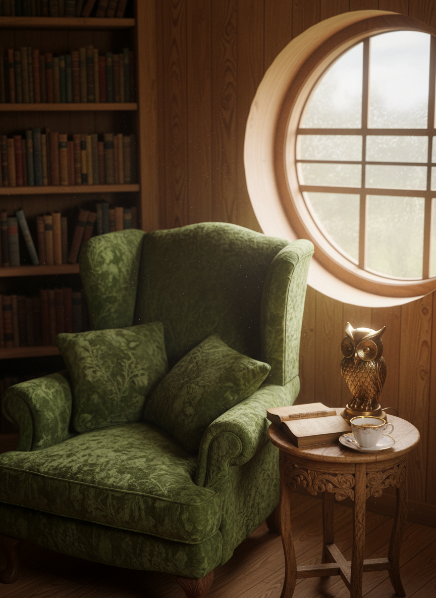 An intimate reading nook inside a whimsical cottage, featuring an overstuffed armchair upholstered in deep forest-green velvet, its cushions slightly rumpled as if just vacated. The chair nestles beside a rounded leaded-glass window where soft overcast daylight spills in, illuminating floating dust motes and the subtle grain of honey-toned wooden walls. A tiny side table, carved with curling vines, holds an open leather-bound book, a delicate porcelain teacup, and a brass owl-shaped lamp casting a warm amber glow. Photographic realism with a slightly elevated angle, using the rule of thirds so the chair anchors the frame, while shelves of mismatched books blur softly in the background, evoking quiet wonder and thoughtful conversation.