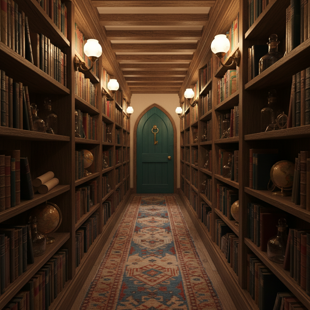 A long, narrow cottage hallway lined with floor-to-ceiling wooden bookshelves, each shelf crammed with colorful, well-loved volumes, glimmering glass bottles, and mysterious trinkets. At the far end, a small arched door is painted an inviting shade of teal, with a brass key dangling from the keyhole. Pools of warm light spill from vintage wall sconces with frosted glass shades, creating rhythmic pockets of glow along the corridor and casting soft, dappled shadows on the worn, patterned runner rug. Photographic realism from a low, centered perspective looking down the hallway, with strong leading lines drawing the eye toward the teal door, suggesting endless topics, hidden surprises, and in-depth journeys of discovery.