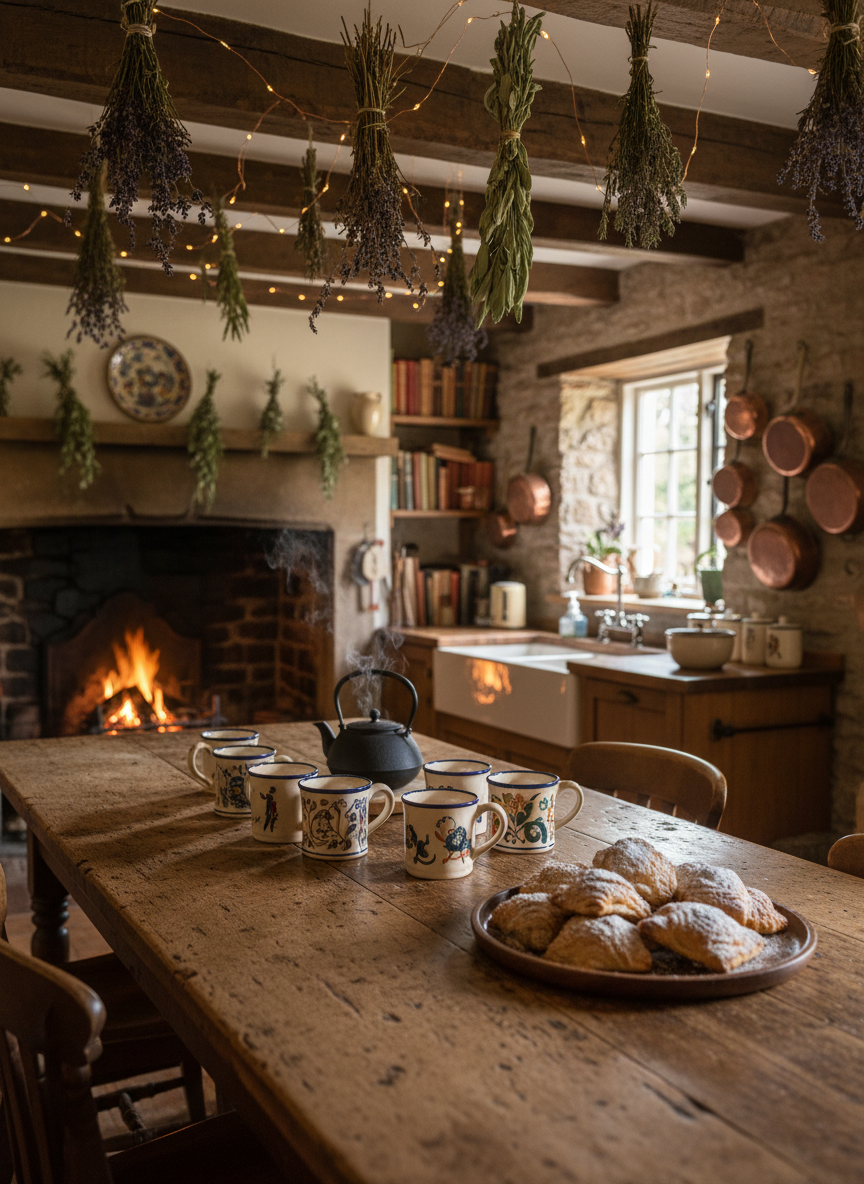 A cozy cottage kitchen designed for conversation, featuring a well-worn wooden farmhouse table positioned beneath exposed ceiling beams garlanded with dried herbs and tiny copper fairy lights. On the table sit a mismatched collection of hand-painted ceramic mugs, a steaming cast-iron teapot, and a polished wooden tray holding pastries dusted with powdered sugar. Soft, diffused afternoon light enters through a small, paned window above a deep porcelain sink, catching the sheen of copper pots hanging on a stone wall. Photographic realism from an eye-level, slightly side-on viewpoint, with a moderate depth of field that keeps the table and its inviting details crisp while the hearth and shelves behind blur gently, creating a playful, welcoming atmosphere for virtual meet-and-greet conversations.