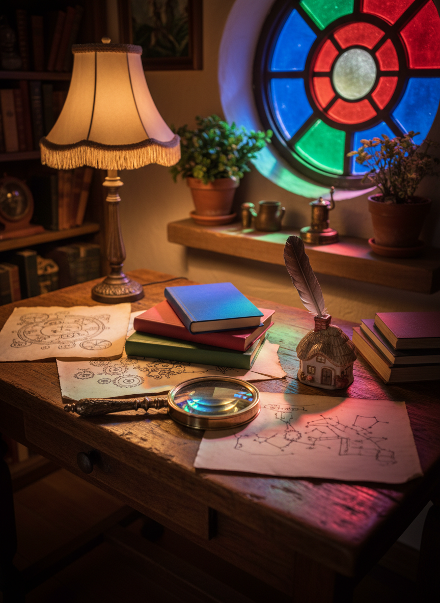A whimsical cottage study table made of knotty oak, its surface covered with neatly ordered curios: a vintage brass magnifying glass, a stack of multicolored notebooks, a ceramic inkwell shaped like a tiny cottage, and a scatter of hand-drawn diagrams and constellations. A round stained-glass window above the table paints dabs of jewel-toned light—sapphire, emerald, and ruby—over the wood grain. A softly glowing desk lamp with a fringed shade adds warm, focused illumination that contrasts with the cooler ambient light from the window. Photographically realistic, shot from a slightly overhead three-quarter angle with shallow depth of field, focusing sharply on the central objects while the edges of the room fall into a gentle blur, evoking playful curiosity and intellectual wonder.
