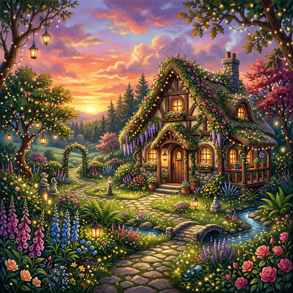 Cottage with flower-covered roof, stone path, garden lights, and vibrant flowers at sunset