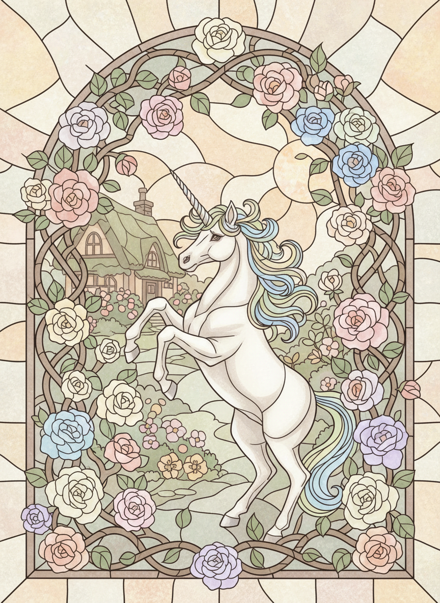 A whimsical stained glass style illustration of an arch-shaped rose trellis with a unicorn in the scene, rendered in lighter pastel colors, matching the cozy cottage fantasy aesthetic of the site.