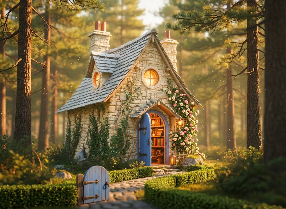 Whimsical cottage A storybook-perfect stone cottage tucked into a mossy woodland clearing, its weathered slate roof dotted with tiny copper chimneys and a single round porthole window glowing with warm amber light. Twisting ivy climbs the rough stone walls, and a cobalt-blue front door stands slightly ajar, revealing shelves lined with colorful books and curios. Soft golden hour sunlight filters through tall pines, catching drifting motes and casting long, gentle shadows over a winding cobblestone path. Photographic realism from an eye-level perspective, with a shallow depth of field that keeps the cottage in sharp focus while the forest beyond melts into dreamy bokeh, creating a cozy, whimsical, and inviting atmosphere.