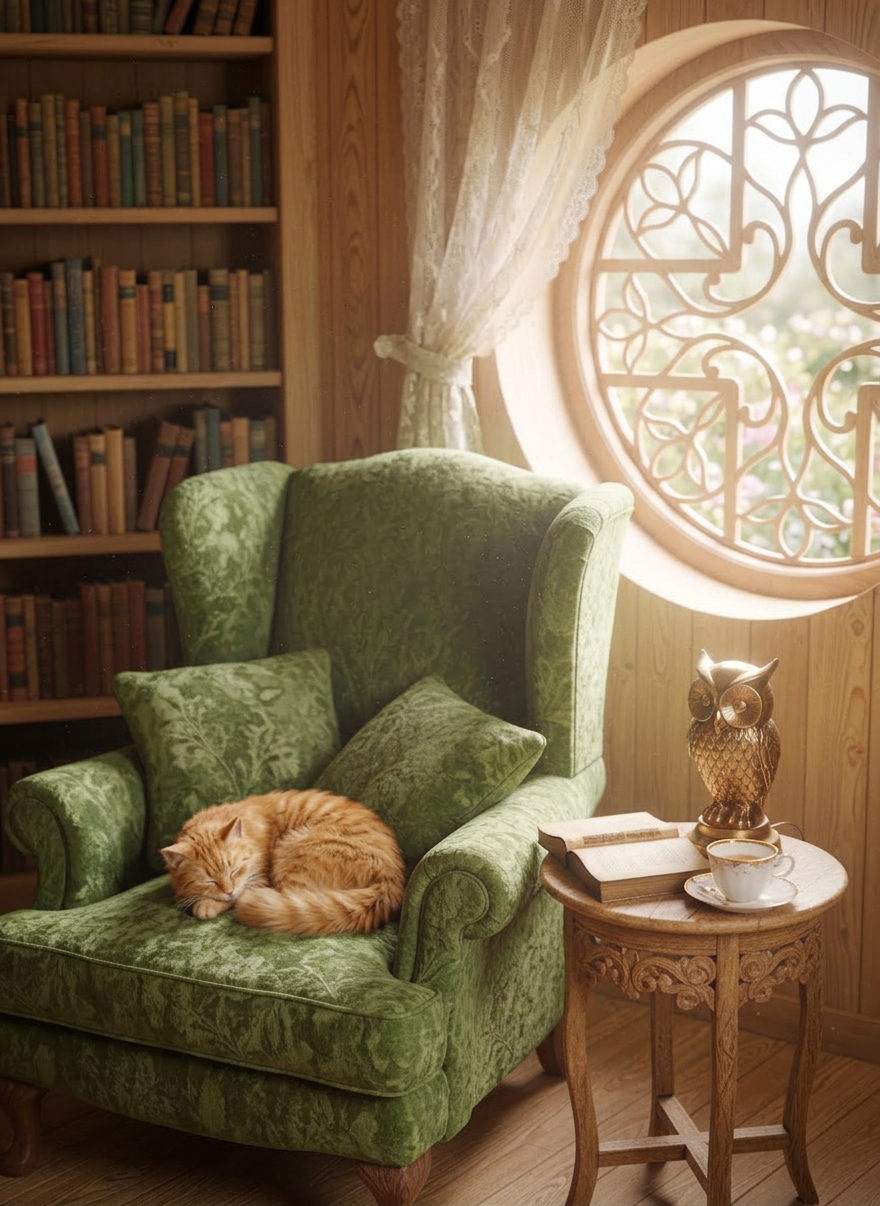 Whimsical cottage An intimate reading nook inside a whimsical cottage, featuring an overstuffed armchair upholstered in deep forest-green velvet, its cushions slightly rumpled as if just vacated. The chair nestles beside a rounded leaded-glass window where soft overcast daylight spills in, illuminating floating dust motes and the subtle grain of honey-toned wooden walls. A tiny side table, carved with curling vines, holds an open leather-bound book, a delicate porcelain teacup, and a brass owl-shaped lamp casting a warm amber glow. Photographic realism with a slightly elevated angle, using the rule of thirds so the chair anchors the frame, while shelves of mismatched books blur softly in the background, evoking quiet wonder and thoughtful conversation.