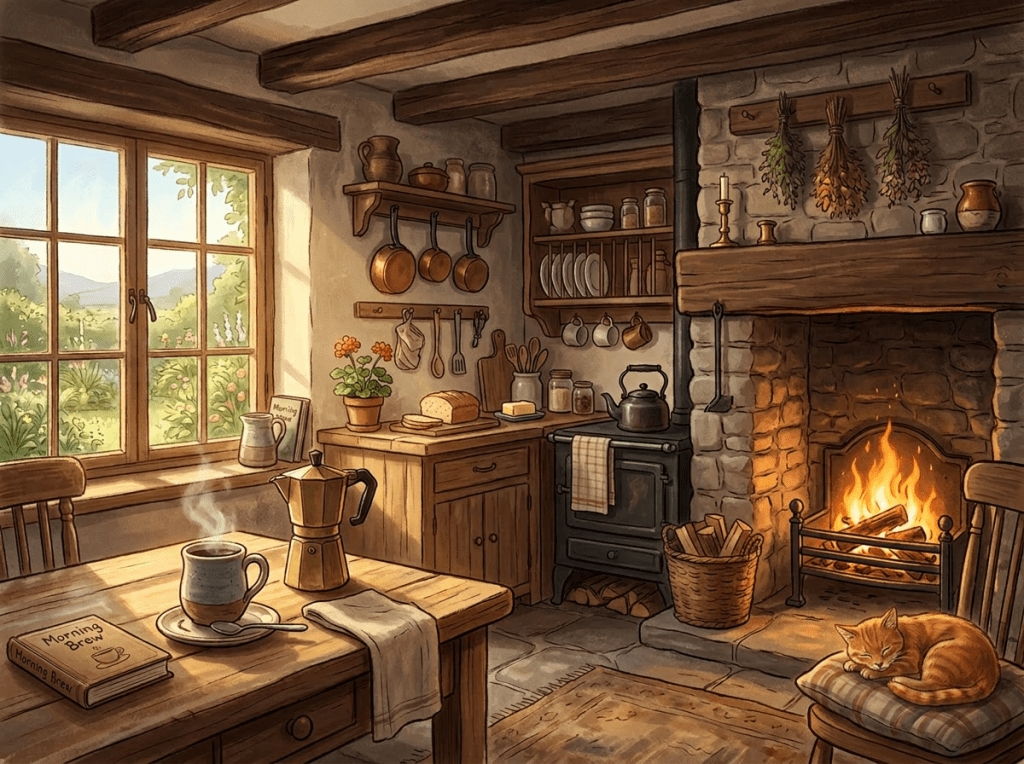 Rustic kitchen with fireplace, coffee cup, kettle, bread, and a cat sleeping on a chair