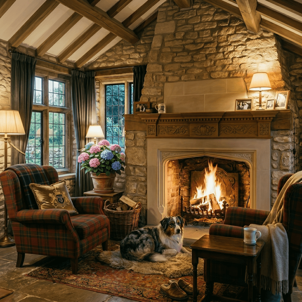 Older woman reading book by lit fireplace in a cozy stone library