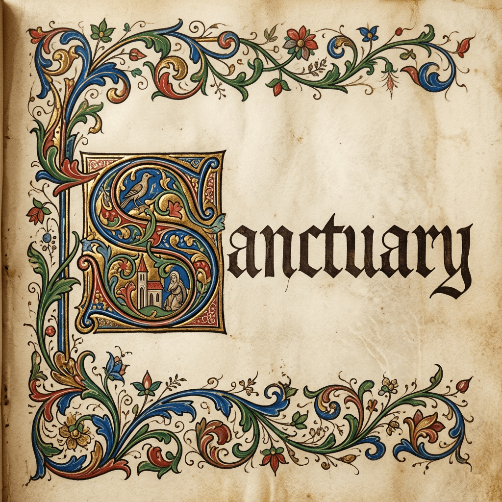 Illuminated manuscript page with ornate letter S and the word Sanctuary in Gothic script